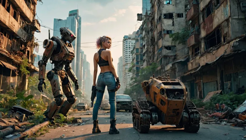 photorealistic image, 8K quality, a post-apocalyptic world, sunset an abandoned city, half-destroyed skyscrapers very overgrown with vegetation, rusted carcasses cars, mutated animals roam the streets, a punk-girl in provocative sexy clothes walks along the road, next to her is a combat robot, (HK series), with a machine gun in his hands, very whole body in the frame, front view