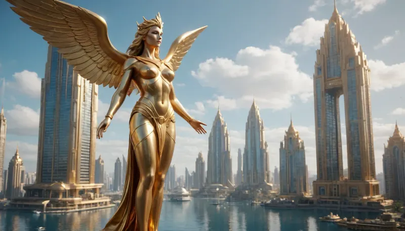 photorealistic image, fullcolor image, full body view, 8K quality, the world of Atlantis, highly developed alternative technologies, futuristic siti, crystal energy-based technologies, Giant golden statues of gods and goddesses, (many fantastic flying machines), high-rise buildings made of gold and crystal glas