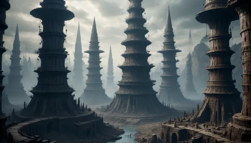 A gigantic city spread out before the viewer, built according to the laws of architecture unknown to mankind, where the proportions of structures as dark as night spoke of a monstrous violation of the basics of geometry. Truncated cones with jagged edges were crowned with cylindrical columns, swollen in some places and covered with the thinnest serrated disks, they were accompanied by strange flat shapes, as if composed of many rectangular plates, or round plates, or five-pointed stars overlapping each other. There were also composite cones and pyramids, some turning into cylinders, cubes or truncated cones and pyramids, and sometimes even into pointed spires, knocked down into separate groups of five each. All these separate compositions, as if generated by delirium, were connected together at a dizzying height by tubular bridges. The sight was overwhelming and terrifying with its gigantic size., Dark, Fantasy, page, <lora:1413247_training_data:.5>, <lora:Dark Fantasy:.5>