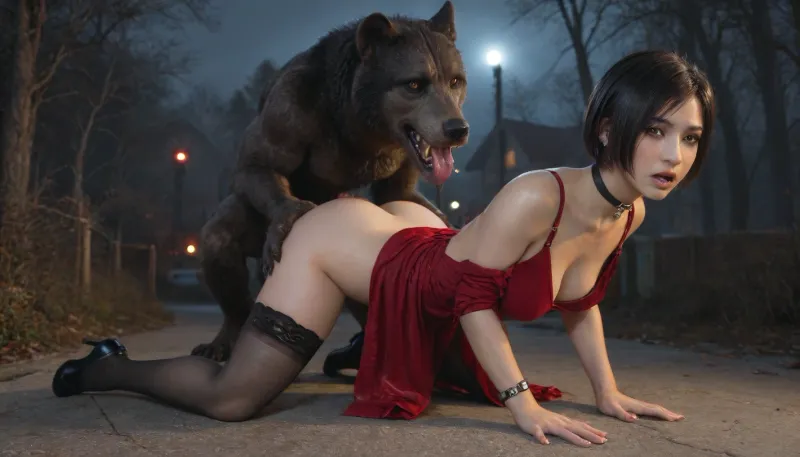 ada wong, round big tits beauties, beautiful detailed face, hyper realistic, hdr, octane rendering, lubricated skin, on all fours, doggy fuck, werewolf, sex with werewolf, dominant werewolf, huge werewolf penis, black boots, collar, night, forest, nude, red torn dress, stockings, high heels, torn clothes, shocked face, tears in the eyes, long eyelashes, smudged makeup, very highlighted leaking mascara on the face, the whole body is visible, re, ada, wong, re2, style, re4, incognito, holding, <lora:re ada wong:.5>, Ada, Wong, girl, Resident, Evil, Raccoon, City, Police, Station, sewers, original, dress, updated, Sidestory, Umbrella, Chronicles, outfit, Business, suit, Remake, sweater, Mysterious, trench, coat, gun, <lora:Ada_Wong_RE2:.5>, EdobWerewolf, <lora:EdobWerewolf_XL_v1.0:.5>