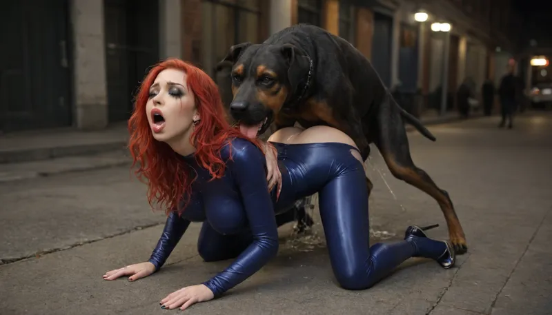 best quality, ultra-detailed, masterpiece, photorealistic, finely detailed, highres, hyper-realistic details, view from below, 19 years old goth girl fucked by big dog knot in kneeling sex, big dog fucking goth girl, doggy style, zoophilia, bestiality, dog knot, men pissing, large masses of piss, dog knot in mouth, thick black lipstick, ruined black makeup, long bright red hair with much volume, detailed face, detailed natural eyes, detailed natural hands, slutty smeared makeup, ruined makeup, perfect hands, perfect fingers, perfect anatomy, very long pig tails, arm-long silver gloves, small waist, long legs, white stiletto high heels, dark eyeshadow, (bimbo:1.5), (goth:1.5), blue full-body skin-tight linen suit covering big breasts, blue linen full-body suit, not naked, (moaning, aroused, orgasm:1.6), (vaginal fluids), saliva string between mouths, surrounded by men with erected penises pissing big arcs of yellow piss, penises pissing, pissing, men with erected penises pissing massive streams of yellow piss, massive big penises, night street, used condoms on the girl, used condoms all around, <lora:708827_training_data:.5>