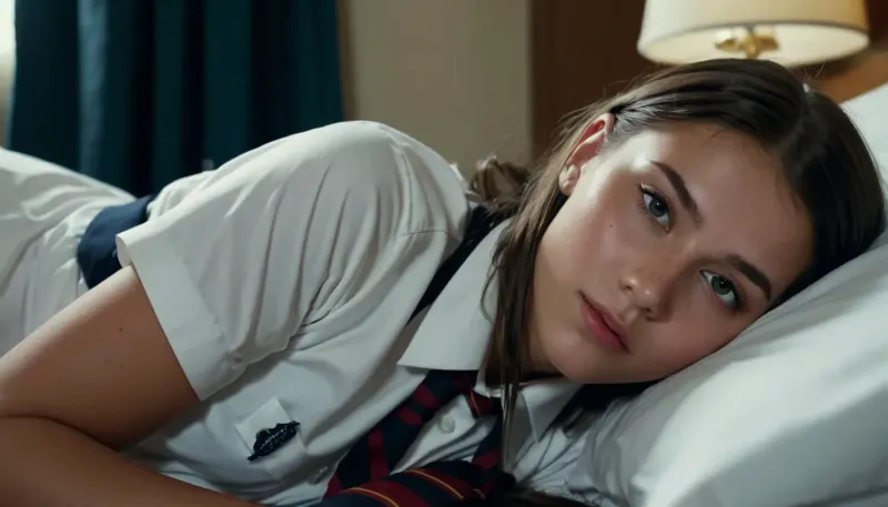 cute young cumbucket lying on the bed in a school uniform, a gallon of cum has recently been poured over all of her body and face, portrait, from side, looking at the cam, taken by professional photographer, cinematic dark lightning, luxury hotel room, 4ng3l, face, looking, at, viewer, <lora:SDXL_BetterFaces-LoRA_v1:1>, <lora:looking_at_viewer:1>
