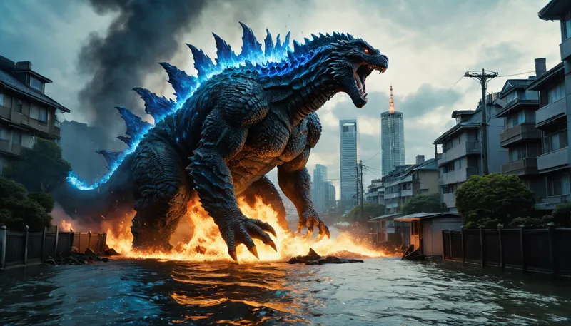 uber realistic image, fullcolor image, full body view, 8K quality, ultra detailed, masterpiece, dark fantasy, A giant monster, Godzilla, ((170 meters tall)), Godzilla's dorsal spines glow with a blue electrical discharge, emerges from the sea onto the streets of Tokyo, ((a stream of blue flame shoots from the monster's mouth into the nearest house)), destruction, crumbling skyscrapers, fires, houses and cars burn, many people run in panic from the monster, side view, whole body in frame, whole body visible