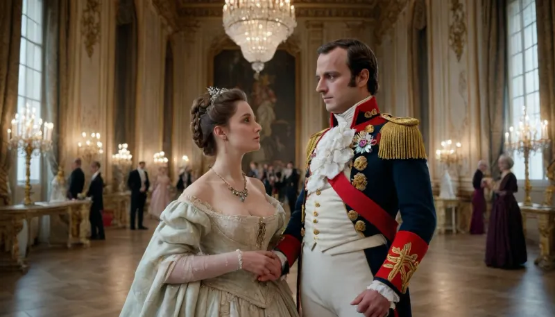 uber realistic image, fullcolor image, full body view, 8K quality, ultra detailed, masterpiece, Napoleon Bonaparte, dressed as a general in Napoleon's army, in the ceremonial hall of Versailles, grabbed a woman by the breast, a woman in an 18th century French ball gown with an extremely deep neckline, side view, whole body in frame, whole body visible