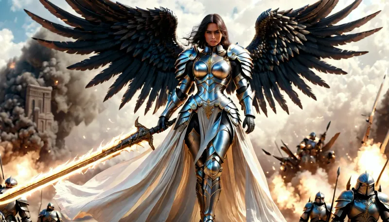 fantasy art, full body picture, UHD 8K, extreme realism, maximum detail, very big slim tall dark Angel woman with battlearmor, holding a big long weapon, detailed full armored helmet, detailed battleground in background, big black and white wings, light effects, hkstyle, ca45mv7-100, <lora:hkstyleV5:1>, <lora:detailed_notrigger:.7>