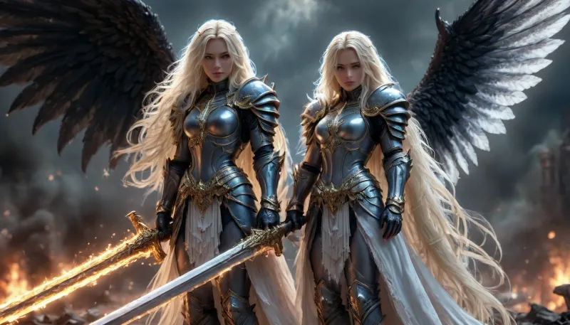 fantasy art, full body picture, UHD 8K, extreme realism, maximum detail, very big slim tall dark Angel woman with battlearmor, ((very long blonde hair)), ((long hair:1.5)), holding a big long weapon, detailed full armored helmet, detailed battleground in background, big black and white wings, light effects, hkstyle, ca45mv7-100, <lora:hkstyleV5:1>, <lora:detailed_notrigger:.7>