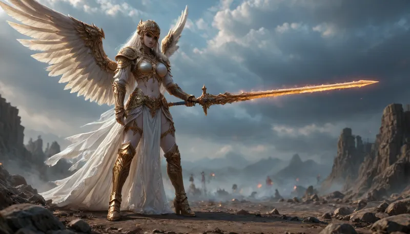 fantasy art, full body picture, UHD 8K, extreme realism, maximum detail, very big slim tall dark Angel with battlearmor and weapon, detailed full helmet, detailed battleground scene at background, light effects, hkstyle, ca45mv7-100, <lora:hkstyleV5:1>, <lora:detailed_notrigger:.7>