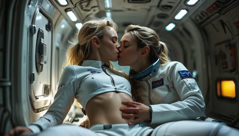 2women, Diana and Maria, full body view of Diana and Maria are astronauts on a space ship and enjoy lesbian oral sex in weightlessness surrounding, (casual kissing nipples by hovering above the ground:1.5), (long detailed hard nipples:1.3), (((hovering bodies:1.5))), ((floating bodies in zero gravity)), (((weightlessness))), Diana is a female 40 years old Astronaut, Diana has a perfect face, a slender and athletic body, blonde long hair, Blue eyes, small breasts, (flat-chested:1.2), (wearing white space uniform:1.4), (half pulled down uniform pants:1), (Dianas body floats weightlessly horizontal in middle of room), Maria is an slender African astronaut with ultra dark skin, highly detailed futuristic huge captain sleeping place on spaceship, LED lamps, low light, different screens, futuristic technic, (supernova outside window), cinematic, (masterpiece, detailed), upside, down, one, cunnilingus, 2girls, girl, licking, pussy, orgasmface, highly detailed, breathtaking, panoramic, but, mad-2cbrrm, mad-1cbrrm, (3D, Framed, Woman), Macabre, <lora:MJ52:1.1>, <lora:BUT_SDXL_SHS:1.1>, <lora:style_lora_realis:1.2>, <lora:Neon_Cyberpunk_Cyberarm_SDXL:1.7>, <lora:add-detail-xl:1.9>