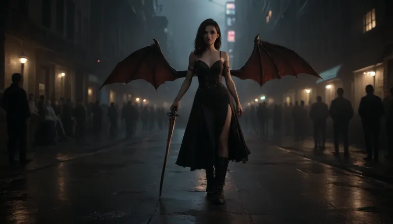 (((demon wings))), A cinematic, full-body shot of female V from Cyberpunk 2077, with her default long black hair, white skin and determined expression, walking directly towards the viewer on a rain-slicked street in Night City at night. She is holding a japonese sword, in both hands, pointed downwards, she have a large dragon wing on her back, and has a bionic left arm and tattoo on her right arm. She wears a gothic black dress that exposes her back with a large dragon wings, tucked into sturdy boots.
​The environment is a bustling, neon-lit street in Night City, filled with a diverse crowd of pedestrians, their faces partially obscured, walking away from the camera on either side of V. The street is wet and highly reflective, mirroring the neon signs and distant city lights. Dominant colors in the background include vibrant blues, pinks, and reds from holographic advertisements and Japanese kanji signs, (e.g., "寿司" or "ラーメン"), .
​The lighting is dramatic and moody, with strong, wet reflections on the ground and rain falling subtly. Atmospheric perspective creates a sense of depth, with the cityscape fading into a smoky, rainy distance. The overall aesthetic is gritty, cyberpunk, and highly detailed, with a focus on realism and the immersive atmosphere of Night City. The composition emphasizes V as the central, dominant figure amidst the chaos, <lora:dark:.1>