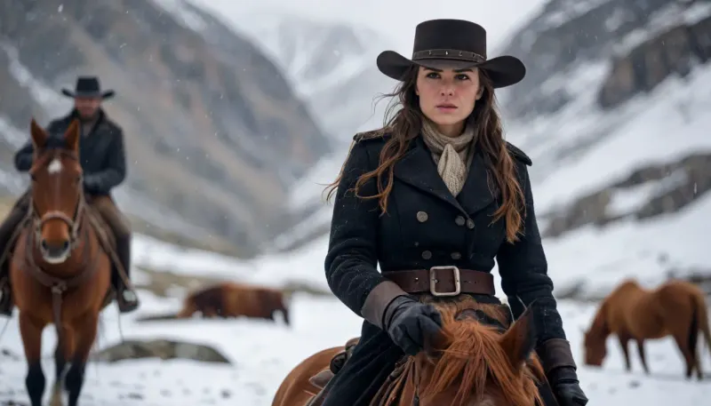 Cinematic photo of a gorgeous female Wild West gunslinger walking her horse through rugged Montana mountain terrain in a blizzard, dramatic exciting photo, confident gaze, swagger, 8K, incredibly detailed, bokeh, The, Hateful, Eight, film, style, <lora:The Hateful Eight film style:.8>, <lora:style_lora_realis:2>, <lora:add-detail-xl:2>