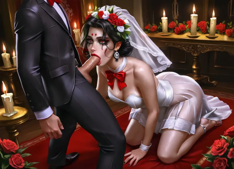 Hentai image in the style of Logan Cure, Calavera, Santa Muerte, Day of the Dead, couple, in wedding attire, man in sombrero, woman in veil, (female Katrina Calavera-style makeup:1.4), both faces painted as skull, detailed makeup, outlined in black lines, white paint, black and white, black suit, red bow tie, red ruffles, white wedding dress, woman kneeling in front of man and sucking his penis, BLOWJOB, deepthroat, In the background, a festive, (altar with candles, flowers, and sugar skulls), 1.1, depth of field, natural lighting, realistic, highly detailed, cinematic lighting, full-length image, classic anime.
