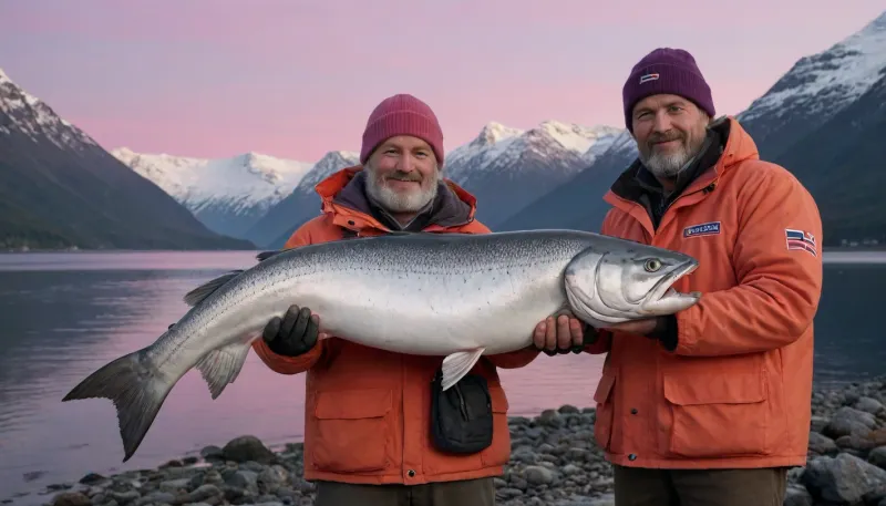 Two robust, middle-aged Norwegian fishermen with sun-tanned skin proudly display a gigantic Norwegian salmon on the shore of a frozen fjord at dusk, where the sky is painted in shades of pink, orange, and purple, reflecting in the calm waters. One of the fishermen, with a thick blond beard and a wool hat, holds the salmon in both hands, displaying its impressive size, while the other, with silver hair and a traditional fishing jacket, smiles contentedly. The salmon, silvery and glistening, with scales catching the last rays of the sun, seems almost unreal in its size. The setting is serene and evocative, with a soft glow illuminating the scene, creating an atmosphere of calm and contentment. The composition is a medium shot, focusing on the fishermen and the salmon, with the fjord and mountains in the background, creating an idyllic postcard. The style is realistic, with touches of impressionism, emphasizing the light and color of the sunset. Perfect hand, no noieen