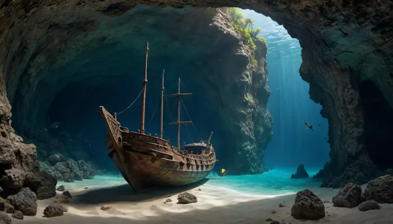 8k. ancient Greek ship anchored in front of a large Caribbean cave, underwater world, sand, bottom, <lora:Splitshot:2>, <lora:detailed_notrigger:1.7>