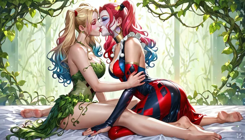 (best quality, masterpiece), (Poison Ivy:1.3), (Harley Quinn:1.3), 1othergirl, sitting on bed, (kissing foot:1.2), (barefoot:1.1), long flowing red hair, (Poison Ivy), blonde pigtails, (Harley Quinn), green leafy costume, red and black jester outfit, indoor, purple ambient lighting, soft focus, detailed eyes, detailed clothing, dynamic pose, gentle smile, **anime style**, **shoujo style**, (highly detailed CG unity 8k wallpaper:1.3), (comic book art style:1.1)