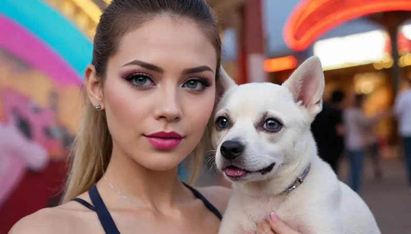 Everything is visible We can both be seen in the frame against the background of the amusement park, am Rex, watching for wanted AI woman., (I am an electronic dog named Rex:1.3), .
I serve in the K-9 unit.
I was tasked with finding an escaped AI copy. which created the illegal cybernetic body of a woman who used cloning and nano technology in electronics.
external signs, Asian type aged from 35, ponytail hairstyle with bangs., medium height, long beautiful legs, slightly larger blue eyes, mini breasts with erect nipples with purple halos and pierced nipples with platinum rings, very tight pink pussy also with piercing in the form of platinum rings. make-up with long eyelashes is blue, lush lips are red with a glossy color with a pink outline smoothly turning into red, green eye shadow.
I, Rex, am nearby, observing the object. Completely naked, artoflips, uoclips, lips, lipstick, art, of, <lora:Art_Of_Lips_PONY_XL_By_UOC:.8>