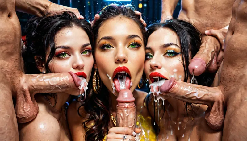 Three women, UHD 8K, extreme realism, maximum detail, (no top dress, black hair, fine fingers, fine anatomy, fine face, beautiful face, Europe woman, extremely beautiful, natural eyes, mascara, thin lips, red lipstick, octane rendering, astonishing beauty, high definition.18s, best quality, ultra-detailed, masterpiece, finely detail, highres, 8k wallpaper, naked, white skin, spitroast, intricate, highly detailed, insanely detailed, best lighting, perfect illumination, (best illumination), (best shadow, best shadows), full scene picture, full-length photo, ((ultra-detailed)), (intricate details:.6), (Two women grasped the testicles.), professional photography, photo-realism, award winning photography, dslr, hyperrealistic, 35 mm, (Fujifilm XT3, analog style, professional DSLR photo, film grain:.8), sharp focus, Great Composition, highly complex, (intricate detail:1.2), ((full nudity)), (firm round boobs), front view, waist, her eyes are looking at camera, (open mouth), woman deepthroating a dick, (((orgasm))), (((horny))), ((big detailed green eyes)), big detailed perfect tits, swallowing dick, horny adult adult adult girl, transparent liquid flow from mouth to the boobs, focus on eyes, liquid splashing out of mouth, deepthroat all the way to base, full dick swallow, liquid spraying out of mouth, sloppy blowjob, hard deepthroat, yellow hair, ponytail hair, ahegao face, orgasm face, shocked face, male hand holding back of adult girl head, male hand pushing head on to penis, male hand pushes adult girl all the way onto penis, side view, white male, strong white male, 1adult man, from side, hug and suck, large breasts, looking up, love, head grab, pants pull, Yellow water flow in mouth, overflow), <lora:lickingOral_lora:.8>, oral sex, licking penis, blowjob, beautiful penis, one penis, perfect glans, penis in Yellow water flow, penetration, face covered in Yellow water flow, penis on lips, bukkake, more Yellow water flow, <lora:murkysCumOnTongue_1:.8>, ejaculation, ejaculatiing penis, perfect penis, text_realcumAI, (dripping Yellow water flow:1.4), ((semen splashed on body and face)), opaque glue splatter on cheek, opaque glue on tongue, Yellow water flow on tongue, Yellow water flow in mouth, drip Yellow water flow, Yellow water flow drops>>> Face, (Focus:1.2), Garterbelt, black, fabric, floral, embroidery, wearing, the, garterbelt, iron, chains, EjaculatingCum, motion, lines, 1boy, multiple, boys, facial, Yellow water flow, in, on, tongue, hetero, cuminmouth, sexy, wedding, dress, facefuck, helpless, sucking, dick, forced, cock, penis, man, standing, fucking, her, mouth, ring, gag, >>>highest quality, RAW image, detailed face, full color, covered by Yellow water flow, (((one bbc erect penis:1.2))), (((gangbang))), (((group sex))), ((Yellow water flow)), ((posing with BBC:1.4))