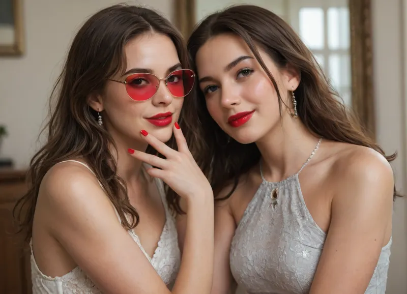 The image shows a yo girl wearing a sleeveless gray dress with decorative details on the shoulders. She has long, wavy brown hair and is smiling while applying red lipstick. She holds a red lipstick in one hand and a compact mirror in the other, which is partially open. Red sunglasses rest on top of her head, and she has pinky-red nail polish, matching her lipstick. The background is plain and light-colored, emphasizing her as the focal point.