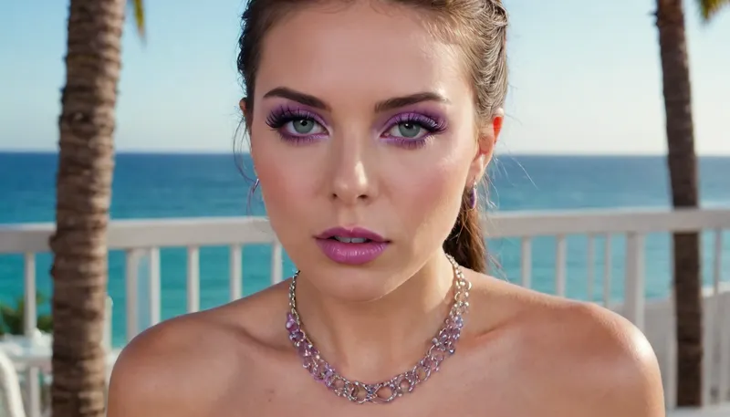 bimbo woman, high detail of the face, individual standing outdoors on a balcony overlooking a tropical beach and ocean., (piercing:1.3), (bimbo woman is dressed in a transparent two-piece peignoir of medium length through which are visible, (purple nipples with piercing in the form of platinum rings connected by a chain)), ., (big lipstik purple:1.3), hair is styled in a neat braid, and they are gazing directly ahead with a relaxed posture., ((makeup:1.3), long blue eyelashes, green eye shadow, glossy pearl lipstick), The background includes clear skies, a distant ocean horizon, palm trees, and elements of a modern building. The scene exudes a sunny, vacation-like atmosphere., artoflips, uoclips, lips, lipstick, art, of, CUM, DONATION, ASSISTANCE, FELLATIO, TITS, SEX, HANDJOB, FOOTJOB, AFTER, VAGINAL, makeup, eyeliner, eyelashes, <lora:Art_Of_Lips_PONY_XL_By_UOC:.9>, <lora:CUM DONATION ASSISTANCE:2>, <lora:Modern_MakeUp_XL_v0_1:1.7> bimbo woman, high detail of the face, individual standing outdoors on a balcony overlooking a tropical beach and ocean., (piercing:1.3), (bimbo woman is dressed in a transparent two-piece peignoir of medium length through which are visible, (purple nipples with piercing in the form of platinum rings connected by a chain)), ., (big lipstik purple:1.3), hair is styled in a neat braid, and they are gazing directly ahead with a relaxed posture., ((makeup:1.3), long blue eyelashes, green eye shadow, glossy pearl lipstick), The background includes clear skies, a distant ocean horizon, palm trees, and elements of a modern building. The scene exudes a sunny, vacation-like atmosphere., artoflips, uoclips, lips, lipstick, art, of, CUM, DONATION, ASSISTANCE, FELLATIO, TITS, SEX, HANDJOB, FOOTJOB, AFTER, VAGINAL, makeup, eyeliner, eyelashes, <lora:Art_Of_Lips_PONY_XL_By_UOC:.9>, <lora:CUM DONATION ASSISTANCE:2>, <lora:Modern_MakeUp_XL_v0_1:1.7>