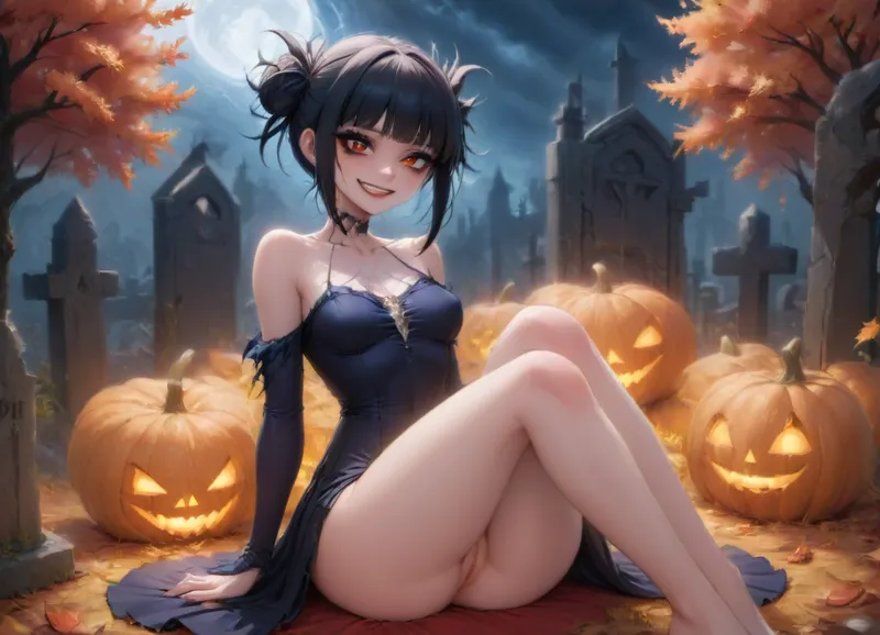 Shoujo anime, night, face like Toga Himiko, gorgeous anime girl with big red eyes reclines in a graveyard with her pussy on display, knees together, evil grin, manic expression, blood red lips, torn gown, long black hair, gothic makeup, extremely skinny, extremely long legs, moonlight and shadows, jack-o-lanterns, spider webs, autumn leaves, <lora:275493_training_data:.8>, t0g4vx, <lora:togavx01-10:.8>, <lora:intenseMODE_md:.8>