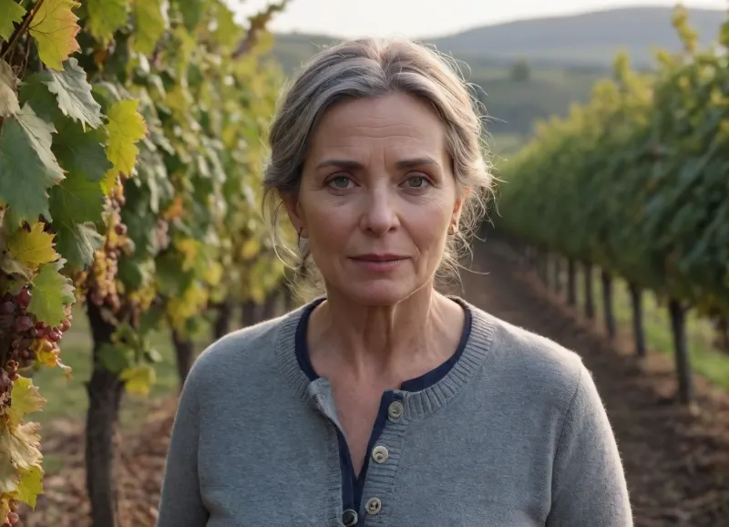 ultrarealistic, 8K HD, 50-years old woman, in a vineyard, fall season