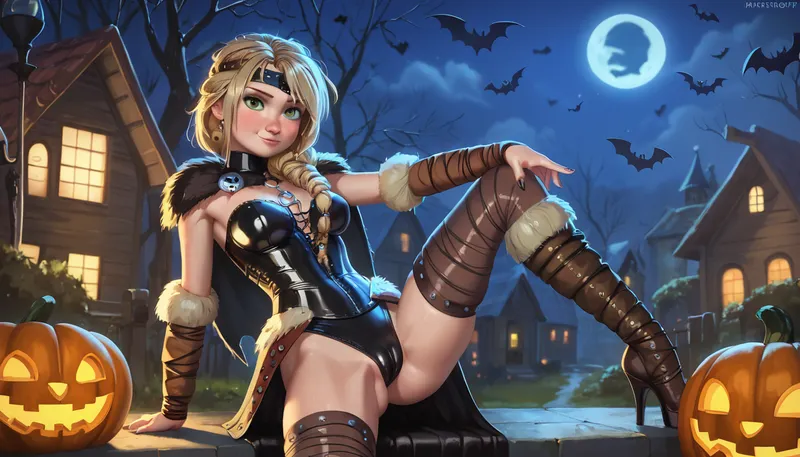 how to train your dragon, astrid hofferson, contrapposto pose, tight sexy Halloween costume, cameltoe, night, Halloween