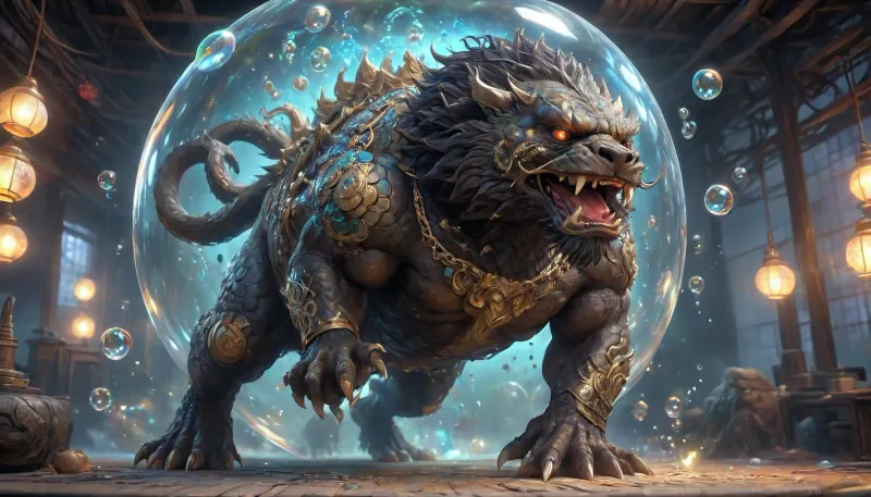 Kyoto Animation stylized anime mixed with tradition Chinese artworks~ A beastly muscular black foo dog, saliva, flying at modern cyberpunk fantasy world. Cinematic Lighting, ethereal light, intricate details, extremely detailed, incredible details, full colored, complex details, insanely detailed and intricate, hypermaximalist, extremely detailed with rich colors. masterpiece, best quality, aerial view, HDR, UHD, unreal engine. plump looking at the camera, smooth thighs, (glittery jewelry), ((acrylic illustration, by artgerm, by kawacy, by John Singer Sargenti), dark Fantasy background, glittery jewelry, Representative, Rich in details High quality, gorgeous, glamorous, 8k, super detail, gorgeous light and shadow, detailed decoration, detailed lines), CL_4Guardians, Azure_Dragon, beastly muscular gold fish, Rosefinch, Giant_Tortoise, Kylin, cinematic ambient lighting, masterpiece, ((((extremely realistic detailed lighting, extremely realistic detailed shadows, extremely realistic detailed skin texture, extremely realistic detailed skin pores, extremely realistic detailed micro fur, extremely realistic detailed air bubbles, best quality, ultra-detailed, HDR, sharp focus, highest resolution, highest resolution ass:1.4)))), <lora:CL_4Guardians_XL_v1:2>, <lora:436263_training_data:2>, <lora:绪儿-大鱼 goldfish:2>, <lora:BubbleXL:2>