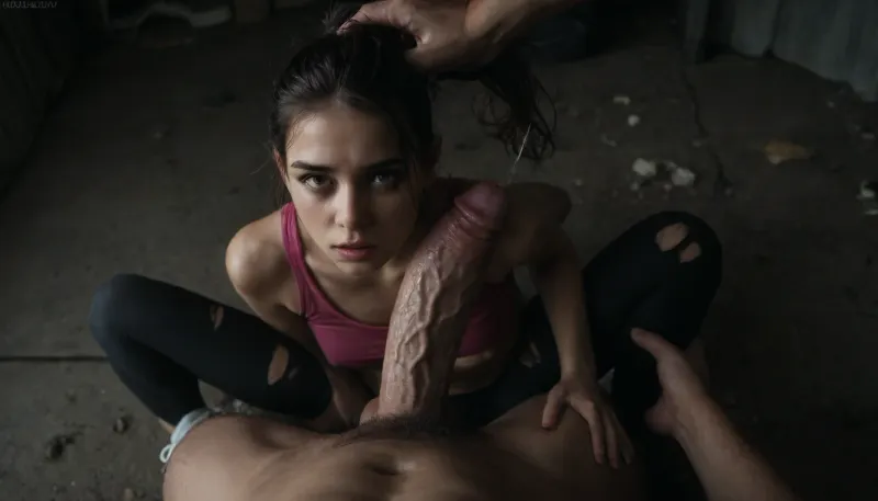 in a dark dirty room, trash, creepy, (UHD, 8k, high quality photo, maximum realistic image), ((beautiful petite brunette girl resists as old man forces his cock inside her)), (innocent young face, 18yo face, cute girl), very skinny, long curly black hair in ponytail with tendrils, natural beauty, perfect anatomy, perfect detailed eyes, (crying, tears), girl is helpless, sad, scared, terrified, black hair pulled, black yoga pants, torn yoga pants, white sneakers, pink short crop top, boobs exposed, perfect boobs, detailed white sexy string thong, (fit thighs, narrow waist), (she has perfect round boobs), (petite ass, detailed ass), (perfect round boobs), (petite body, small body, short body, young body), tanned skin, 1oldcreep, 1young, CNC, taboo fuck, rough fuck, force fuck, vaginal penetration, fat old man, stranger, creep, haggard, big large man, has a massive monster cock, (long detailed textured veiny thick cock), big fat old man with a long massive thick cock, physically forcing fuck, both hands tightly grabbing girl, ((girl panicing as man forces his cock inside her)), resistant cute girl, (above view), ((unrealistically huge long thick veiny cock)), throbbing erect cock, veiny hung cock, moist cock, ((girl resists, tight sexy petite body, 18yo)), cum covered, (resisting girl, held down, hair pull, forcibly restrained, forcibly fucked, choked, groped), hardcore, shaved pussy, dripping pussy, tight young pussy, (huge massive cock, deep vaginal penetration, FORCE-FUCKING, CNC, ruthless fuck), 8k, maximum detail, maximum focus, score_9, score_8_up, score_7_up, (soft realistic lighting), (ultra detailed:1.5), intricate details, (realistic textured hair), (masterpiece:1.5), (realistic textured skin:1.5), rating, explicit, (girl resisting), girl resisting, big_eyes, (girl looking at viewer), eye contact, focus on face, sweaty skin, moist skin, <lora:dark:.2>