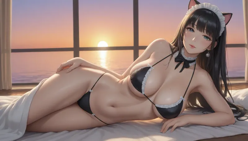 gorgeous woman with super huge tits, gigantic tits, 22 years old, mature, perfect body, super slim body, thin body, straight bangs, long hair, black hair, straight hair, cat ears, black bikini, maid bikini, frill bikini, sunset, beautiful lighting, best quality, 8k resolution, perfect reflections, lying on towel, view from below