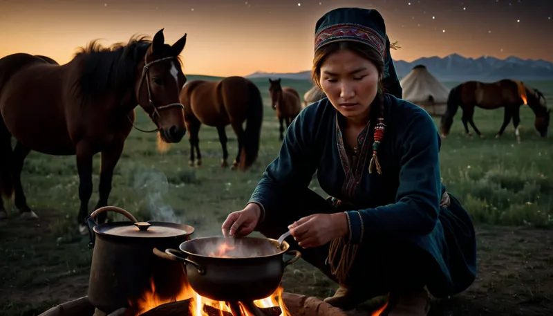 realistic, detailed, (depth of field:1), (young Kyrgyz nomad woman), with perfectly detailed face, wearing Kyrgyz nomad headdress, (cooking over fire, stir in pot:1), (perfect hands), (steppe), (Kyrgyz nomad, yurt-camp), (grazing horses, in somewhat far background:1.4), (dark night:1), somewhat starry sky, (natural light), (perfect shadows), (masterpiece:1), (denoise:.1), <lora:dark:.5>, <lora:add-detail-xl:.9>