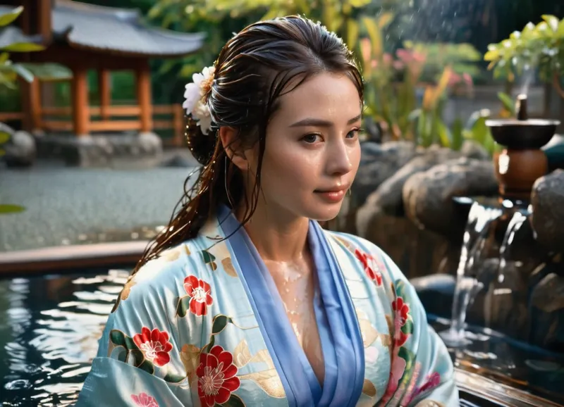 (masterpiece), (highest quality), (extreme detail), photorealistic, (lying and looking back at viewer:1.2), (steaming water:1.1), young woman, Eurasian woman, heroine, (exquisite appearance), (perfect body proportions), stunningly beautiful facial features, long dark brown hair, loose hair, (wet hair:1.4), radiant skin, sweat, (wet kimono:1.4), (transparent kimono:1.6), (Breast and nipples visible through kimono:1), dark blue with gold floral pattern, (studio lighting:1.1), (soft light), high sharpness, richness of textures, clear pattern, (natural makeup:1.1), glossy lips, gentle smile, candles, massage oil bottles, folded towels beside the spa ancient Japanese spa, steam, water in foreground, outside, formal garden in background, Relaxed_Woman, laying, down, <lora:390293_training_data:.8>, <lora:SDXLHighDetail_v6-000005:.8>