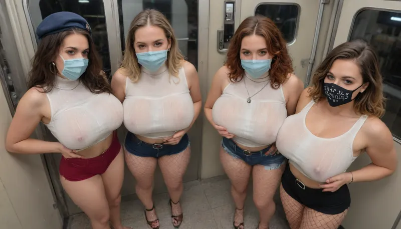 three extremely attractive busty middle eastern train hostess women with name tags on, colossally exaggerated with colored glittery glowing eye makeup, meets the viewer's gaze with enormously horny and excited eyes, colossally aroused women grope and kiss each other all over their bodies while on duty on a passenger train, diamond platform shoes with extremely high narrow stiletto heels, fishnet pantyhose, sexy skimpy train hostess extremely tight bodycon micro shorts with waist belt, train hostess see-through wet sleeveless extremely tight bodycon turtleneck sweater that stretches colossally over the plump low pendulous breasts, face veil, beret shawl, gigantic colossally plump extremely pendulous beefy monster breasts, extremely exaggeratedly micro narrow waist, view from above