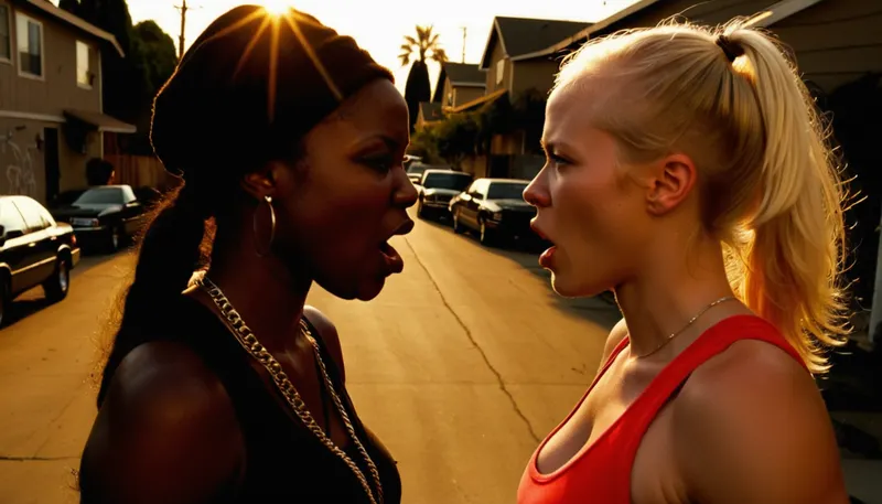 (American ghetto:1.5), (gangsta:1.4), California, compton, hood, (hood street:1.4), (tough dark ebony woman arguing with a skinny white blonde bimbo:1.4), young white girl with small breast, (bimbo blonde), yelling, screaming, cursing, offending, insulting, unaestheticXL_cbp62, <lora:add-detail-xl:.8>