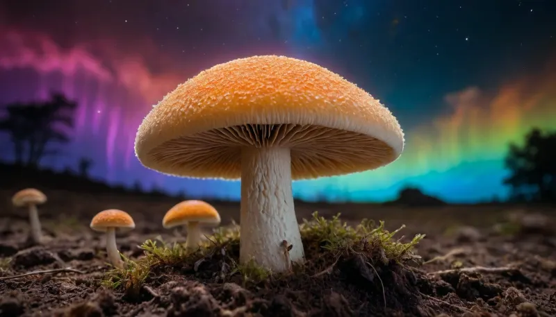 look to microscope, (glowing mycelium, mushroom storm), miracle, rainbow light circeled in open universe, orbit, rainbow storm, rainbow fire, rainbow air, rainbow earth