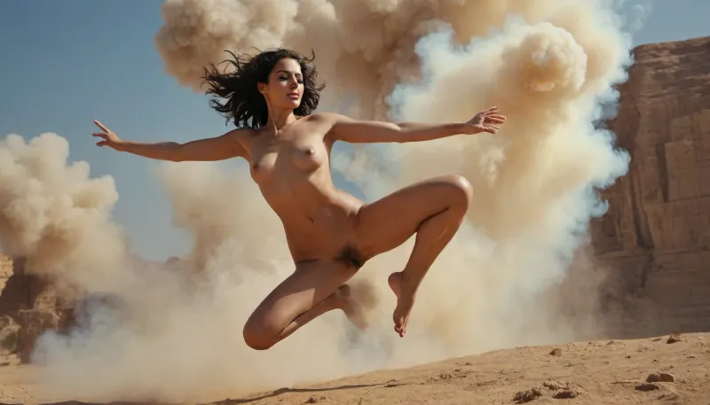 firing open space, (over earth), falling, flying, levitating 33 year old dark concentrated egyptian preist, half nude erotic body, She is firing, all around is smoke