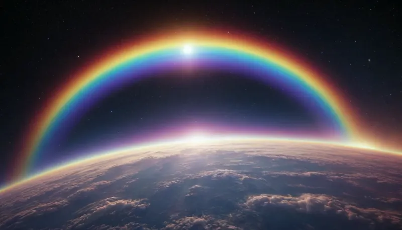 (orbit of eart), hmiracle, rainbow light circeled in open universe, orbit, rainbow storm, rainbow fire, rainbow air, rainbow earth