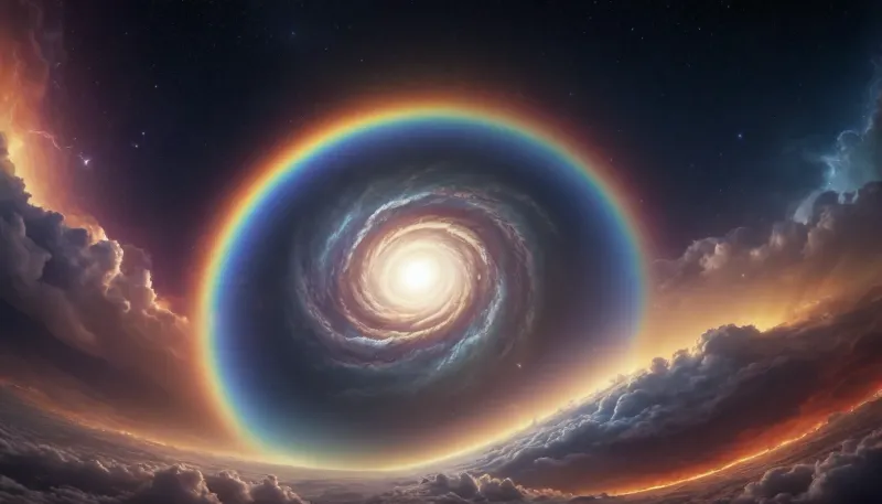 (orbit of eart), hmiracle, rainbow light circeled in open universe, orbit, rainbow storm, rainbow fire, rainbow air, rainbow earth