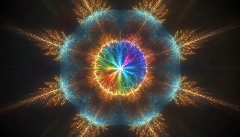 4d microscope macro zoom, glowing star supernova, transparent, light sparks, (glowing fractal of stars), miracle, rainbow light gold cristal in open universe, orbit, rainbow fire, rainbow air, rainbow earth