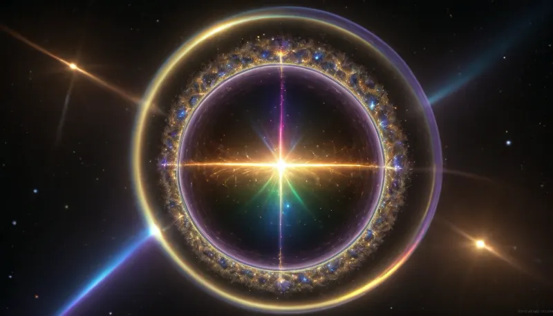 4d microscope macro zoom, epic, glowing, (rainbow, white visible light), black and gold sphere as a galaxy, mirroring, halo, solar wind transparent, light sparks, (glowing fractal of stars), miracle, rainbow light gold cristal in open universe, orbit, rainbow fire, rainbow air, rainbow earth