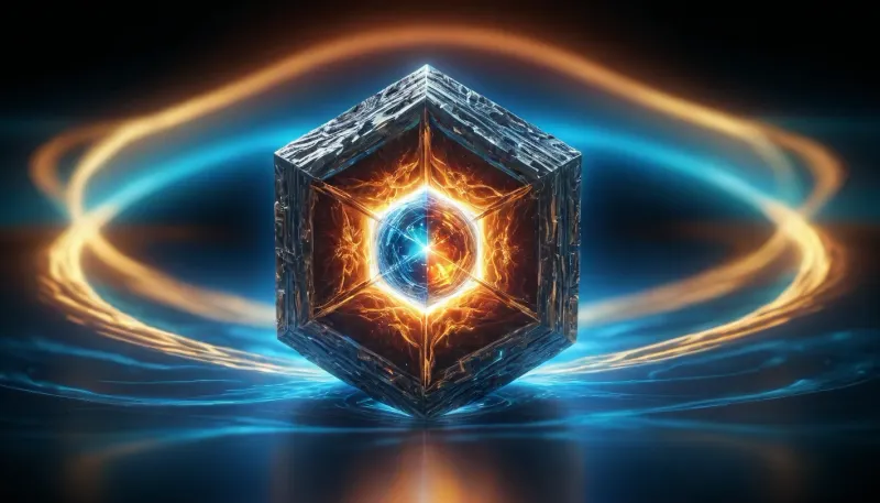 4d microscope macro zoom, open space, (orbit, stars, light lines glowing), absolute fusion, (symetricaly in center, two objects), (fire cube with white sharp light sphere, (blue waves, mirroring), miracle), orbit, epic, glowing, (rainbow, white visible light), rainbow light gold, rainbow fire, rainbow air, rainbow earth