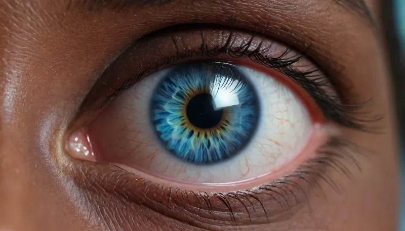 4d microscope macro zoom, eclipse, nytrogen, (black skin, blue iris eye), miracle, rainbow light gold cristal in open universe, orbit, rainbow fire, rainbow air, rainbow earth, busty cook girl