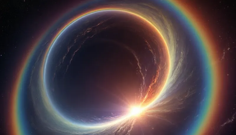 (orbit of eart), hmiracle, rainbow light circeled in open universe, orbit, rainbow storm, rainbow fire, rainbow air, rainbow earth