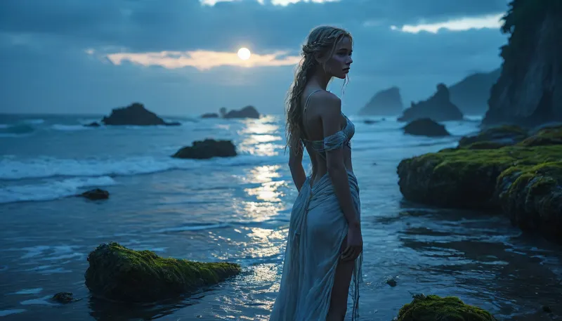 Elven warrior-witch with an hourglass figure examines a sunken shipwreck at moonlit beach. Her golden hair, braided with herbs and crystals, flows over her shoulders as she leans slightly forward, studying the half-submerged vessel with keen elven eyes. She wears tattered robes that reveal her athletic build, ample bosom, narrow waist, and strong hips, all illuminated by soft moonlight.

Her natural wooden staff rests against her shoulder, its twisted form glowing faintly with magical energy from moss-covered runes. The shipwreck dominates the background, its skeletal remains rising from the water's edge, covered in seaweed and barnacles. Pools of bioluminescent light shimmer around the wreckage, reflecting off both the water and her pointed ears.

The scene captures her专注 examination, one hand resting on her hip, the other gently touching the staff as she inspects the ancient ruin. Her posture combines curiosity with readiness, showing both her warrior skills and mystical connection to nature. Every detail emphasizes her elegant strength and mysterious allure against the dramatic coastal backdrop., <lora:Glowing_beach:1.5>, <lora:MJ52:.8>, <lora:EnvyStarlightDream01-Vivid:2>