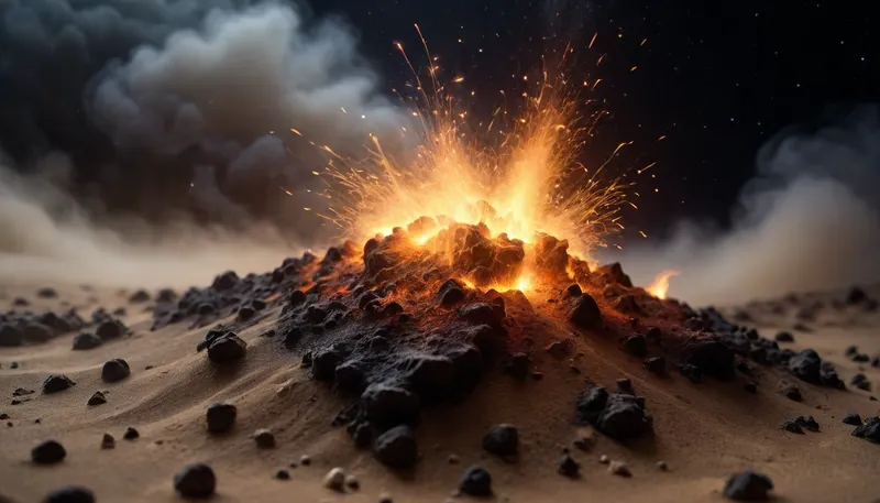 esert storm, fire, desert in mist night, (very dark night), 4d microscope macro zoom, d, fog, stars