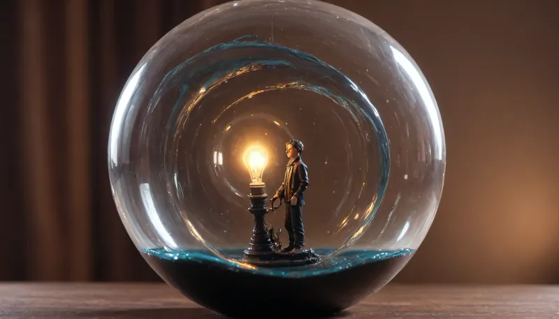 A spiral bubble, inside the bubble, (a mini man with a lamp in his hand, his image obscured by liquid glass), background fluid black oil waves, <lora:436263_training_data:.4>, <lora:BubbleXL:1.3>