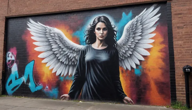 Street Art, Mural, Spray Paint, Tones of Black, High Contrast, Ultra-HD, Angelic, Evil, Powerful, Natural Lighting, Reflective, Polished, Brick, Aerosol