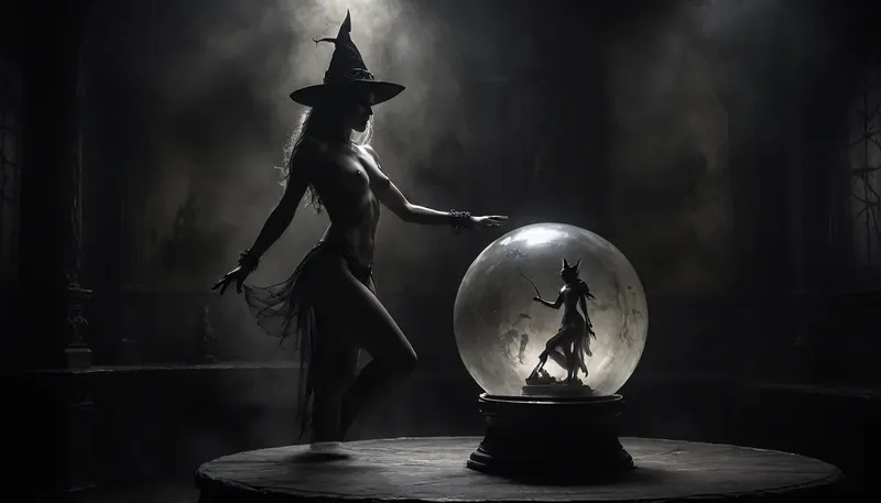 middle age, close-up of a beautiful, large crystal ball belonging to a sexy witch on a small wooden old table with, (a detailed projection inside the crystal ball of a extraordinary detailed stunning nude dancer:1.5), highly detailed image, Double exposure, blurred background, next to single skull with candle on top, surrounded by a half undressed sexy witch, (sexy witch:1.4), in a dark dusty forest, full moon, an mystic black castle, cloudy, smoke, atmospheric, clouds, fog, Black, and, white, art, black, pencil, shading, charcoal, drawing, toned, paper, brutal, dark, b/w, color, scheme, <lora:add-detail-xl:1.1>, <lora:Cloudy_Style:1.5>, <lora:Black and white art.V1:1.8>, <lora:dark:.3>