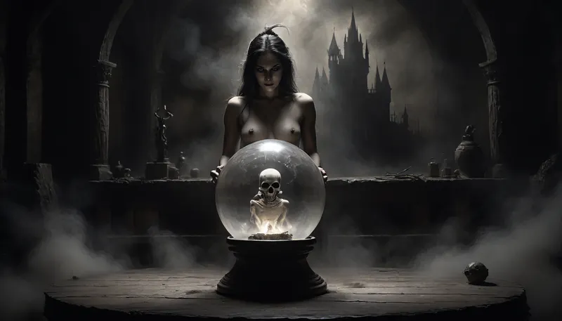 middle age, close-up of a beautiful, large crystal ball belonging to a sexy witch on a small wooden old table with, (a detailed projection inside the crystal ball of a extraordinary detailed stunning nude dancer:1.5), highly detailed image, Double exposure, blurred background, next to single skull with candle on top, surrounded by a half undressed sexy witch, (sexy witch:1.4), perfect face, perfect hands, in a dark dusty forest, full moon, an mystic black castle, cloudy, smoke, atmospheric, clouds, fog, Black, and, white, art, black, pencil, shading, charcoal, drawing, toned, paper, brutal, dark, b/w, color, scheme, duel, magical, fire, magic, spell, fireball, element, water, ball, orb, air, wind, earth, rock, plant, sand, <lora:add-detail-xl:1.1>, <lora:Cloudy_Style:1.5>, <lora:Black and white art.V1:1.8>, <lora:dark:.3>, <lora:Magical duel - SDXL v2.0:1.4>