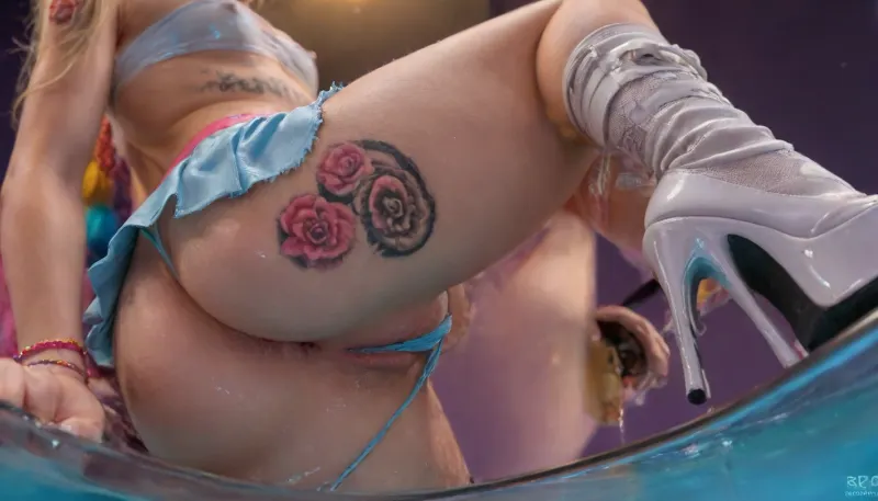 ((Victoria's Secret Luxury Supermodel)), (18:3), (Masterpiece, highest quality, 8K, finest details, amazing photography, award winning, spectacular image, focus, realism, UHD), truck stop background, (model absolutely gorgeous, incredibly attractive, stunningly beautiful, (super cute model:1.3), young 18 year old student, (young:1.4)), (amazing body, toned, tanned, (tight slim defined body), detailed sexy body, (short, small frame), small breasts, big hard poky nipples, sexy stomach, (g string:1.4)), (tight crop top, big cleavage, tube top, small tight top, random color top), (light blue latex micro skirt, (torn fishnets)), (high heels, platform boots), (blonde hair, hair clips, hair bow, hair ribbons), (pigtails, twinbuns, braid, short or long hair, side ponytail, big ponytail, elegant updo hair, fancy hairstyle, straight plain hair), pushing out chest, arched back, legs random position, visible pussy, (body 1/3, below view, very low angle), (many colorful tattoos:1.7), (big smile, excited, happy), (random focus, detailed face:1.3), (hand gestures, detailed fingers), (very aesthetic, necklaces, (rainbow bracelets), watch, key chain, (QoS tattoo), piercings, rings, rgb headphones, pink belt, purse, waist belt, thigh strap, arm band, cell phone), (((under water))), ((showing ass, deeply arched back, small juicy ass, body close up:1.3)), anus, clitoris, tongue, asshole licking, (saliva:1.6), (wet:1.4), (saliva strings:1.2), (detailed pubic mound:1.3), cinematic ambient lighting, masterpiece, ((((extremely realistic detailed lighting, extremely realistic detailed shadows, extremely realistic detailed skin texture, extremely realistic detailed skin pores, extremely realistic detailed micro fur, extremely realistic detailed air bubbles, best quality, ultra-detailed, HDR, sharp focus, highest resolution, highest resolution ass:1.4)))), <lora:attractive_notrigger:.5>, <lora:Picture_enhancer:2>, <lora:sunnyrayyxo_v1_SDXLBase:2>, <lora:rileyreid_SDXL_v1_1:2>