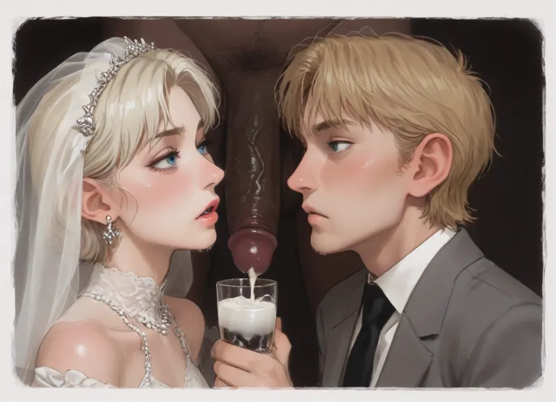 interracial, bbc, very large black penis, (flaccid black dick), The happy white blonde bride in sexy wedding dress, cum driping bride's chain' cum driping from black penis, drinking sperm from transparent cup, there is glossy and sticky sperm in cup, cup full of sperm, cum swallowing, ((gokkun)), cum dripping from the corners of her lips, ((ratatatat74), 90s Anime, (Outline), (cartoon), incase style, concept, art, by, syd, mead, retro, futuristic, flat colors, Perfect Hands), <lora:ratatatat74-000050:1.1>, <lora:outline_xl_kohaku_delta_spv5x:1.8>, <lora:cartoon_stickers_xl_v1:.6>, <lora:NEOTOKIOXL_0.2_RC:.4>