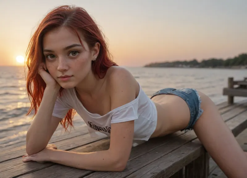 (A petite girl, (18 years old), lies on her stomach, propped up on her elbows, on a pier in the sea., (), (The girl is thin, has a narrow face, a small nose, large eyes, freckles on her nose, freckles on her cheeks under her eyes. Beautiful eyes. Small breasts. Narrow pelvis. Small butt. Large lower lip. Skinny legs.), (A high-necked T-shirt.), (One shoulder is exposed.), (Looking at the sunset.), (Micro shorts barely cover her small butt.), (Loose, straight, light-colored hair.), (A crimson evening sunset.))